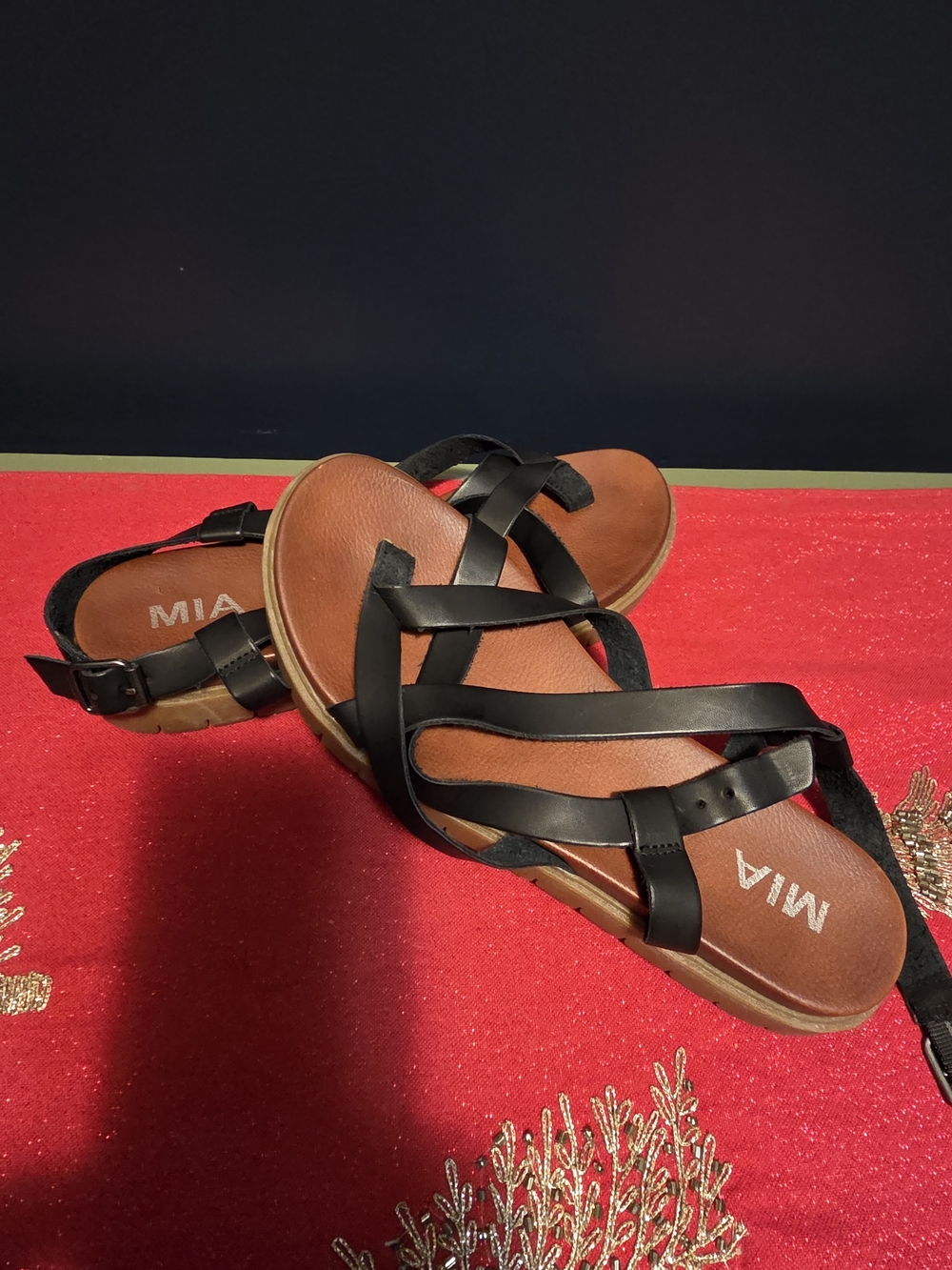 MIA Black Strappy Sandals with Brown Footbed